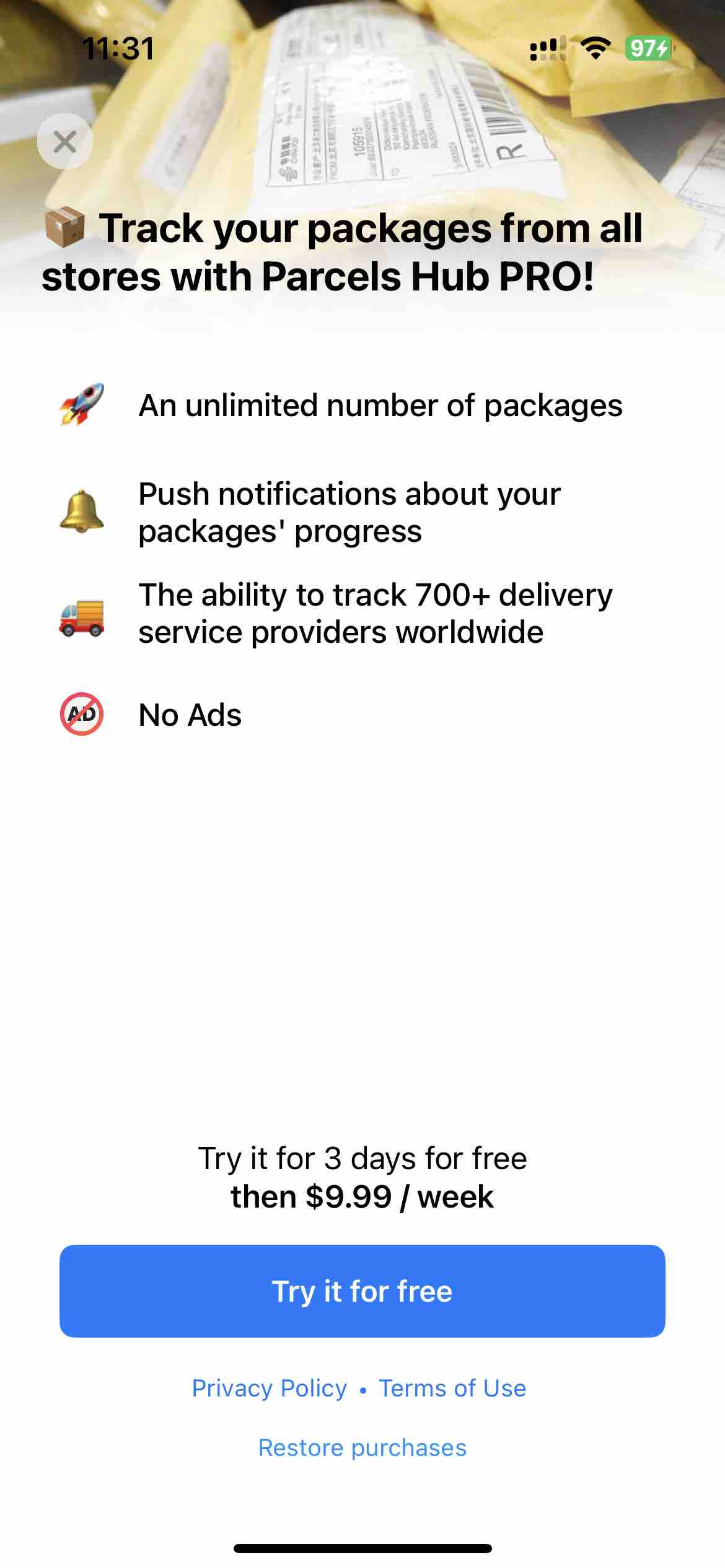 Package tracker: Parcels Hub
